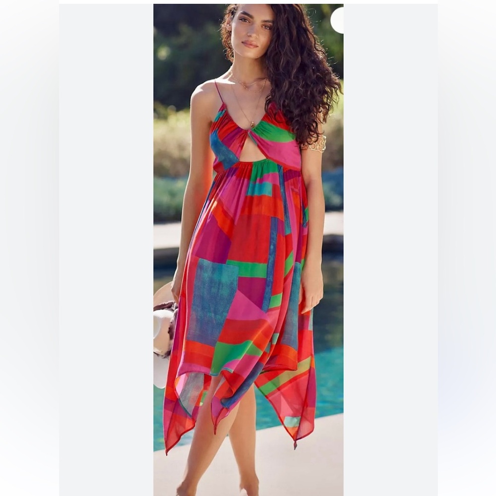 New Anthropologie Alani Maxi Cover Up Open Back Scarf Color Block Pink Dress S